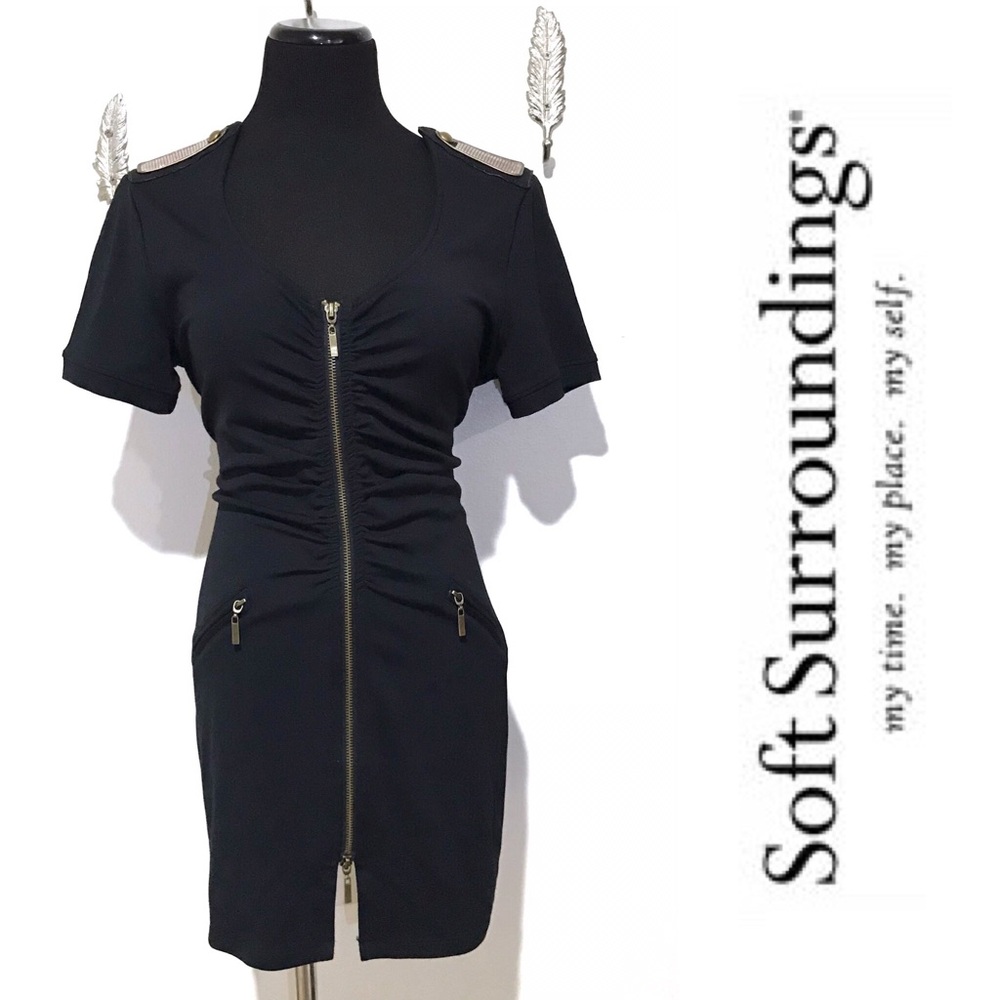 Soft surroundings zip front black dress Women's Size Medium V-Neck